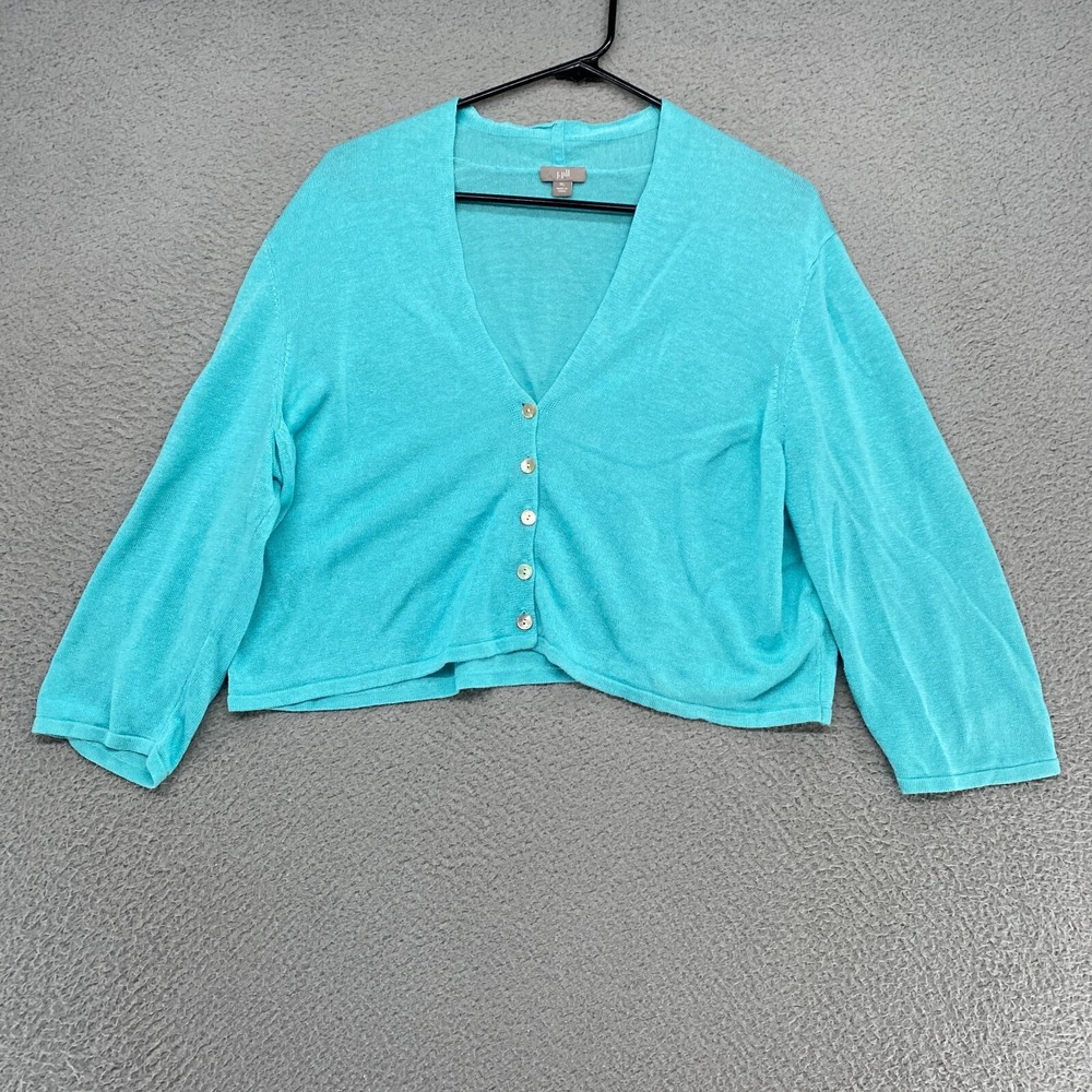 J. Jill Cardigan Sweater Womens XL Cropped Button Up Linen Cottage Coquette Blue